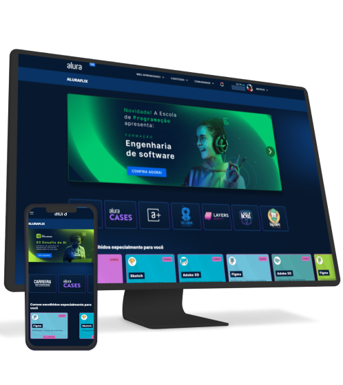 Alura+ aberto em tela de desktop e celular